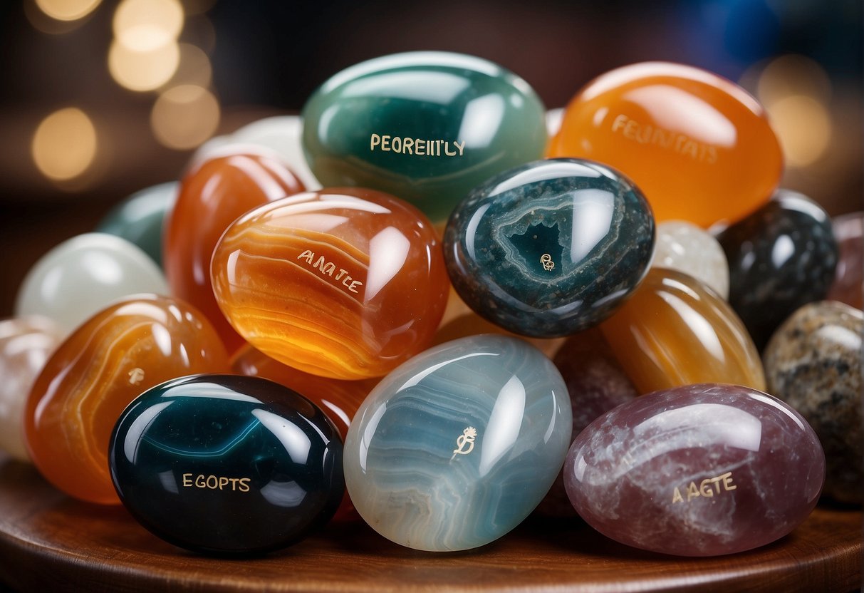 A stack of agate stones with a sign reading "Frequently Asked Questions agate properties" displayed in a crystal shop