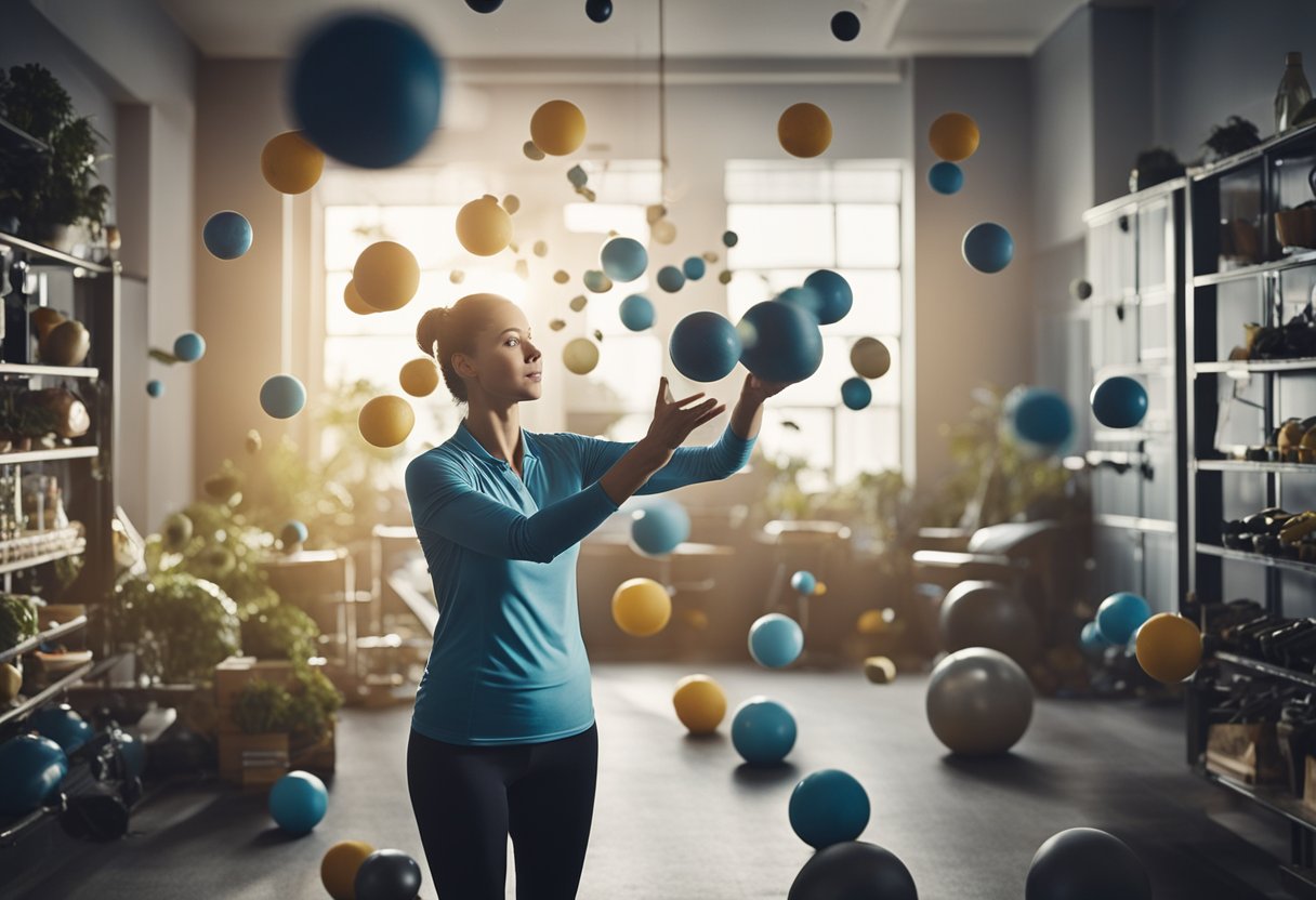 A person juggling various tasks, surrounded by a chaotic environment. Healthy food and exercise equipment are visible, depicting efforts to manage stress and maintain weight loss