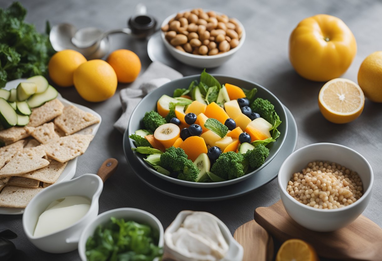 A table with balanced meals, fruits, and vegetables. A person meditating or exercising. A journal for tracking progress