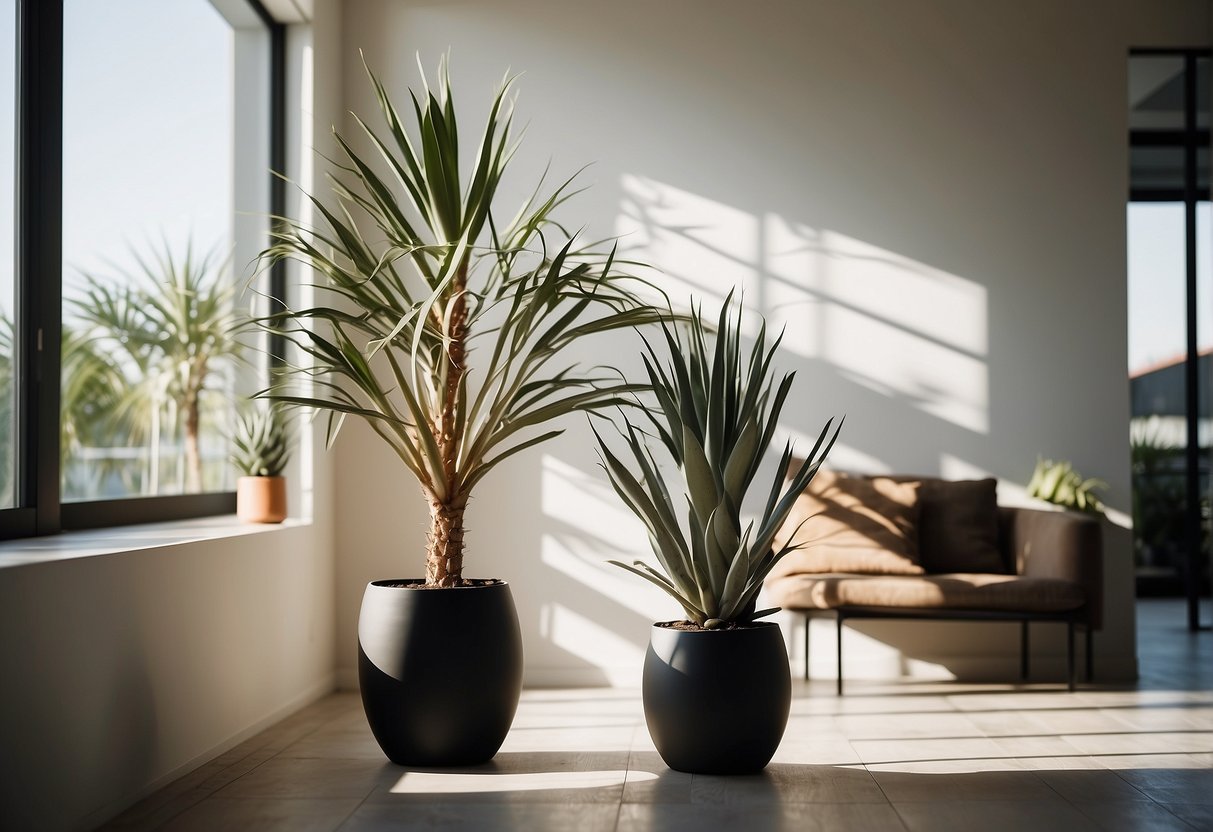 A bright, airy room with tall yucca plants in modern, minimalist pots. Sunlight streams through the windows, casting shadows on the clean, white walls
