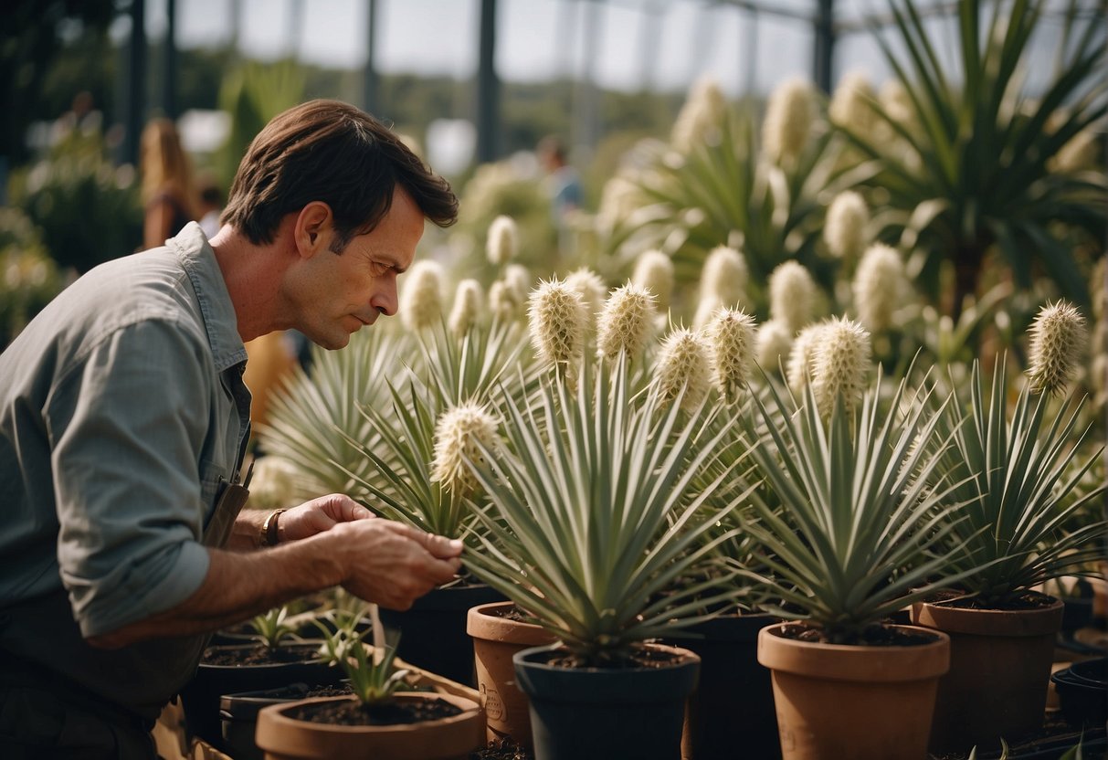 A person carefully choosing a yucca plant from a selection at a garden center