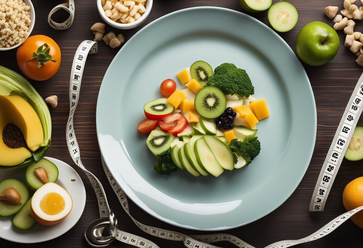 A plate of healthy and delicious foods surrounded by measuring tape and a tape measure, indicating a focus on reducing belly fat while still enjoying favorite meals