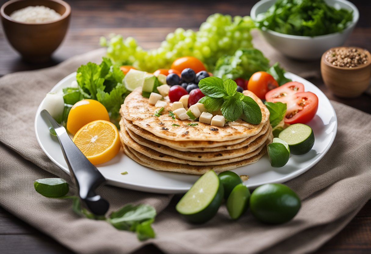 A plate with healthy and delicious food options, surrounded by a measuring tape and a scale