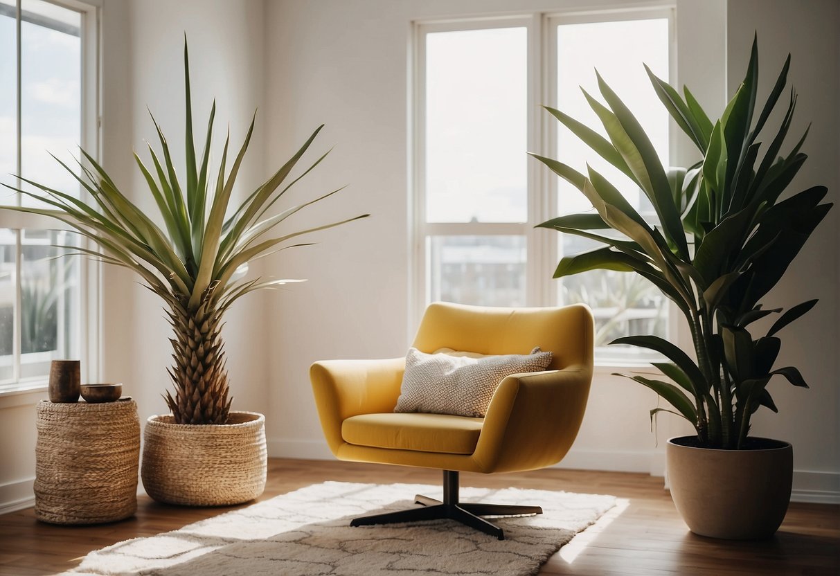 A bright living room with a large yucca plant in a modern pot, placed next to a cozy reading nook with a comfortable chair and a small side table