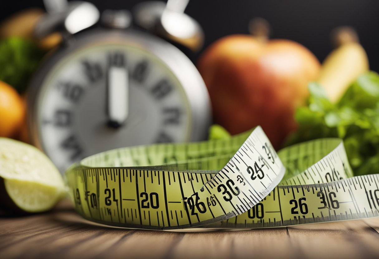 A clock showing 16 hours of fasting, healthy food options, and a measuring tape around a shrinking waistline