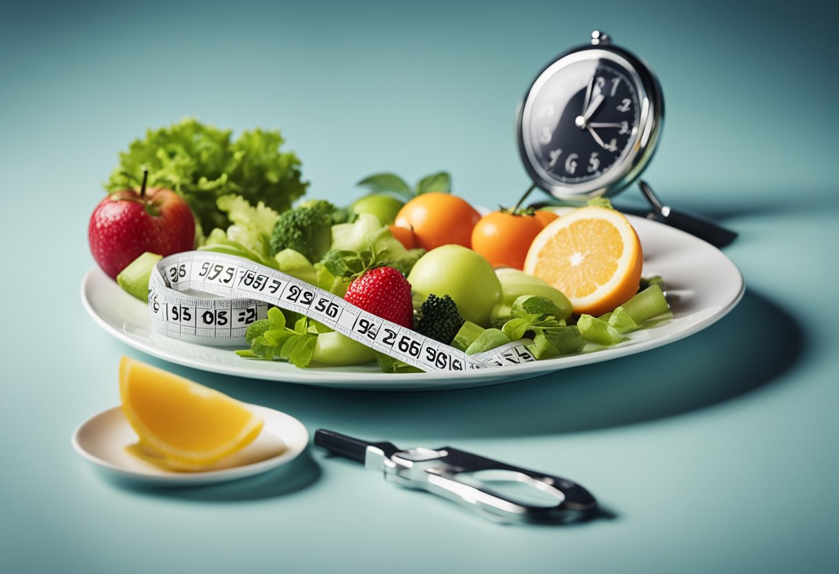 A clock showing 16 hours, a plate with healthy food, and a tape measure around a waist