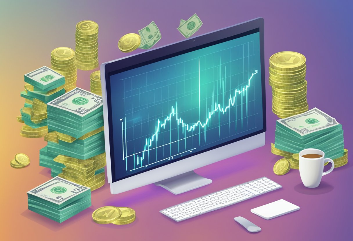 A computer screen displaying a graph with an upward trend, a stack of dollar bills, and a "sold out" sign on a digital course