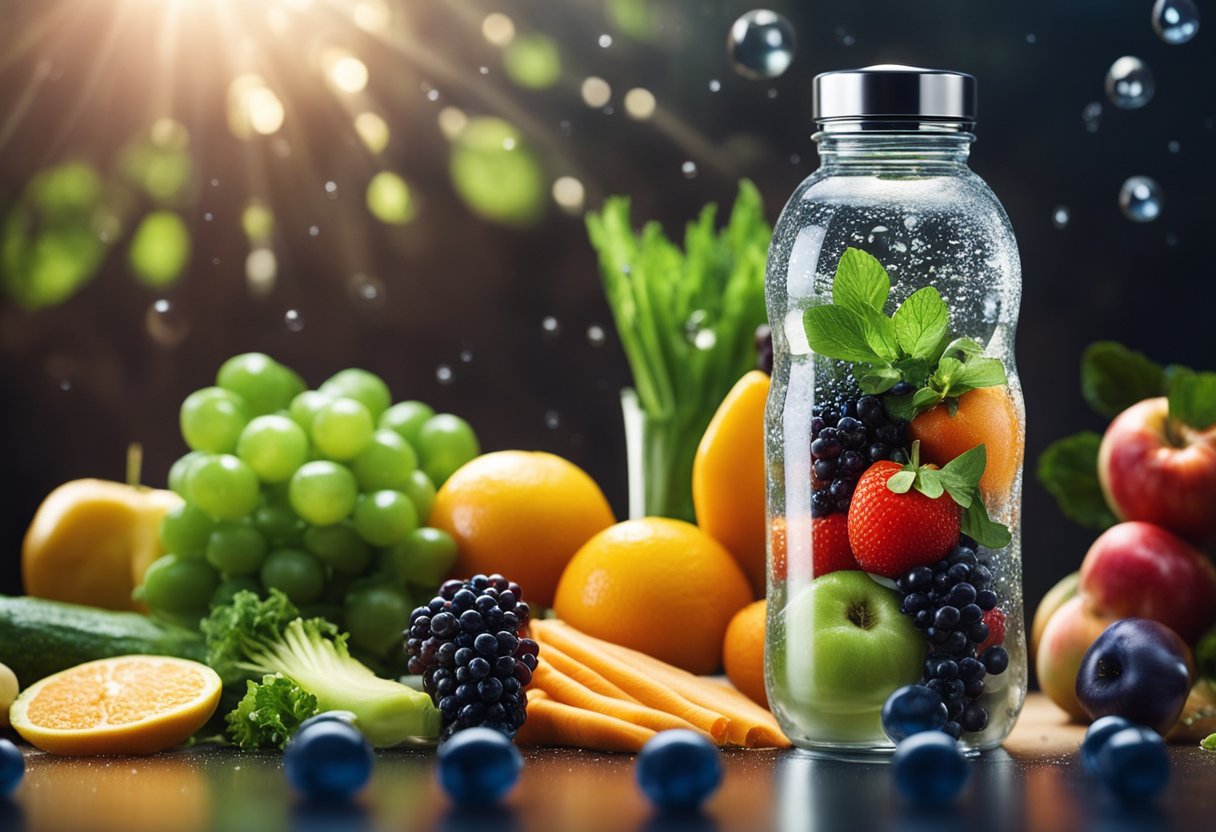 Scene: A clear water bottle next to fresh fruits and vegetables. A drop of water dripping into a glass. A glowing body surrounded by water molecules