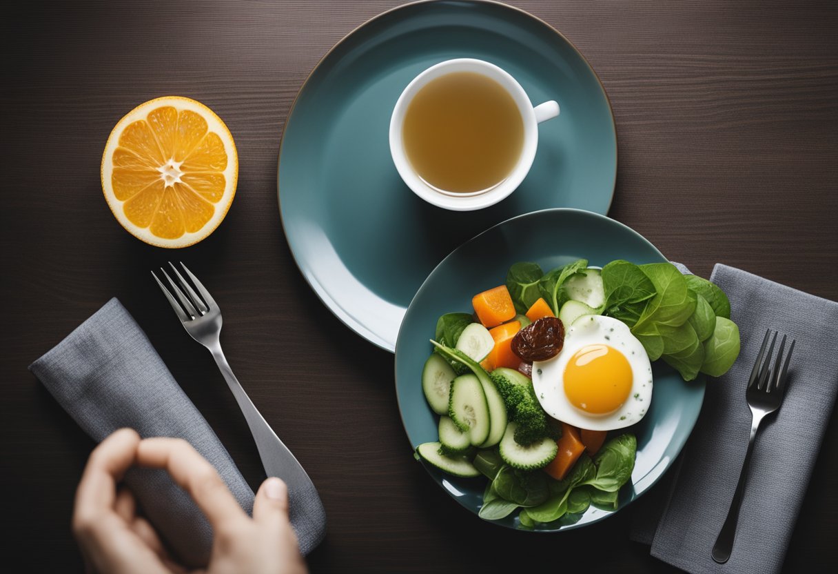 A glass of water next to a plate of healthy food, with a satisfied smile on a faceless figure