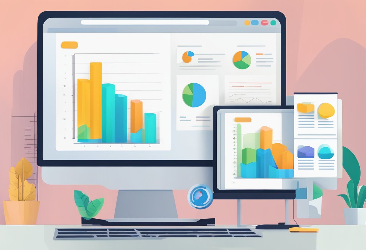 A computer screen displays a graph trending upwards, with the title "Monitoring Success and Scaling Up Maximize Your Earnings: How to Create and Sell Online Courses" at the top