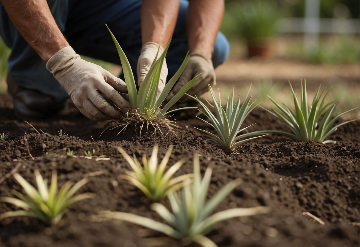 A gardener measures and marks the soil, then digs holes and carefully places yucca plants at the correct distance apart