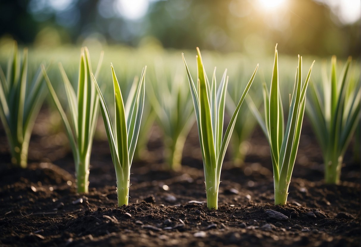 Yucca plants being planted in a garden, spaced evenly apart