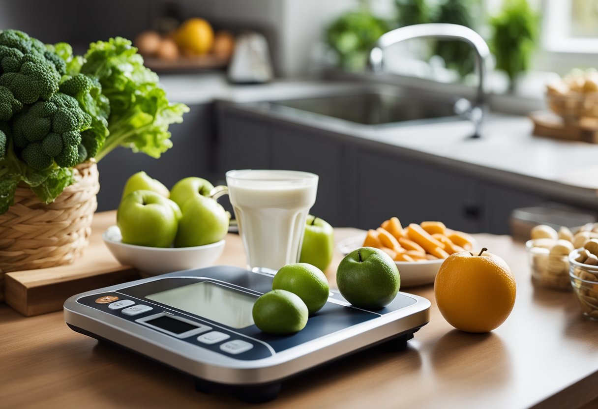 A scale surrounded by healthy food, exercise equipment, and a calendar for tracking progress