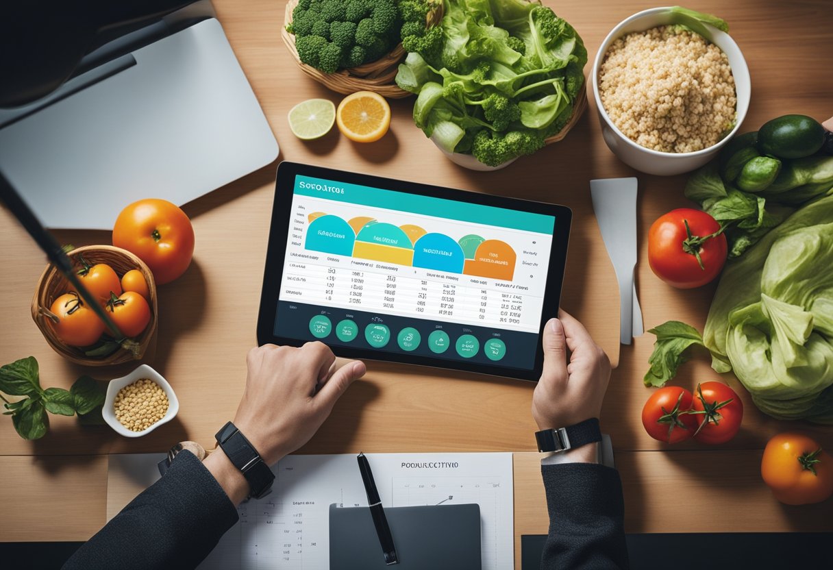 A table with balanced meals, fresh produce, and portion control tools. A person tracking their progress on a chart. An exercise plan on a nearby board