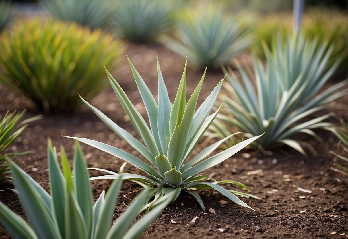 Yucca plants spaced evenly in a garden bed, with a measuring tape nearby