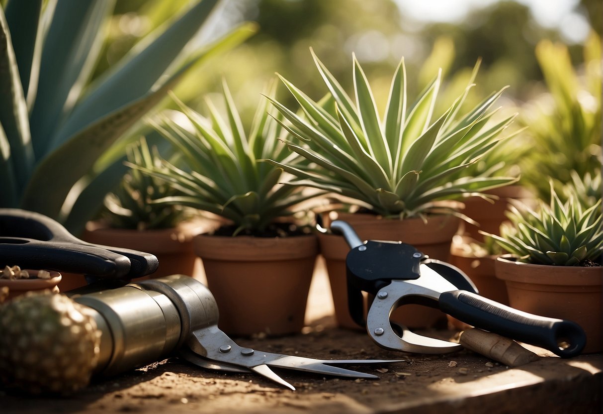 Yucca plants surrounded by gardening tools, with a pair of shears poised to trim the leaves in a sunlit outdoor setting