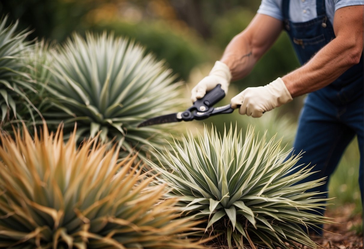 A pair of gardening shears cutting back yucca plants in a garden during the fall season