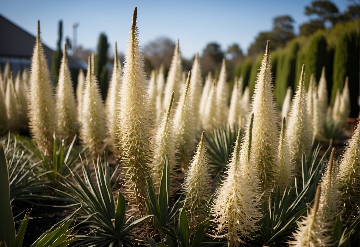 A garden center in South Jersey showcases rows of vibrant rostra yucca plants, their long, slender leaves reaching towards the sky
