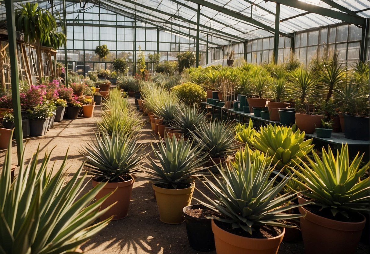 A garden center in South Jersey displays rows of vibrant rostra yucca plants, neatly arranged in pots on shelves. Sunlight filters through the greenhouse, casting a warm glow on the greenery