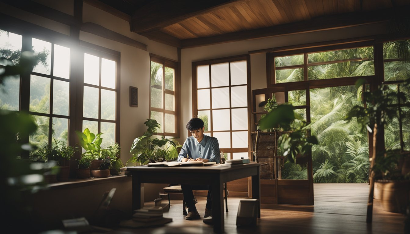 Heavenly Kimes' early life: a small, humble home surrounded by greenery, with a young Heavenly studying diligently at a wooden desk