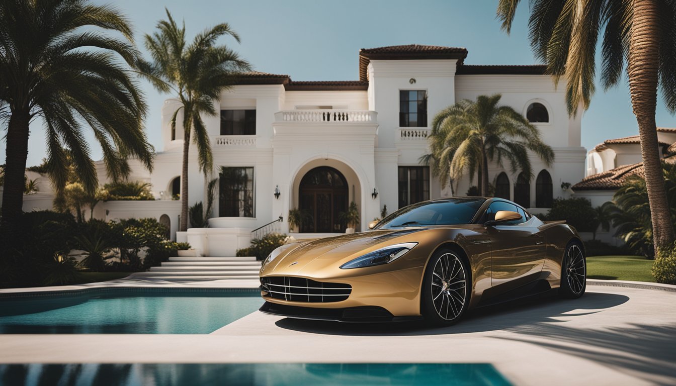 A luxurious mansion with a sleek sports car parked in the driveway, surrounded by palm trees and a sparkling swimming pool