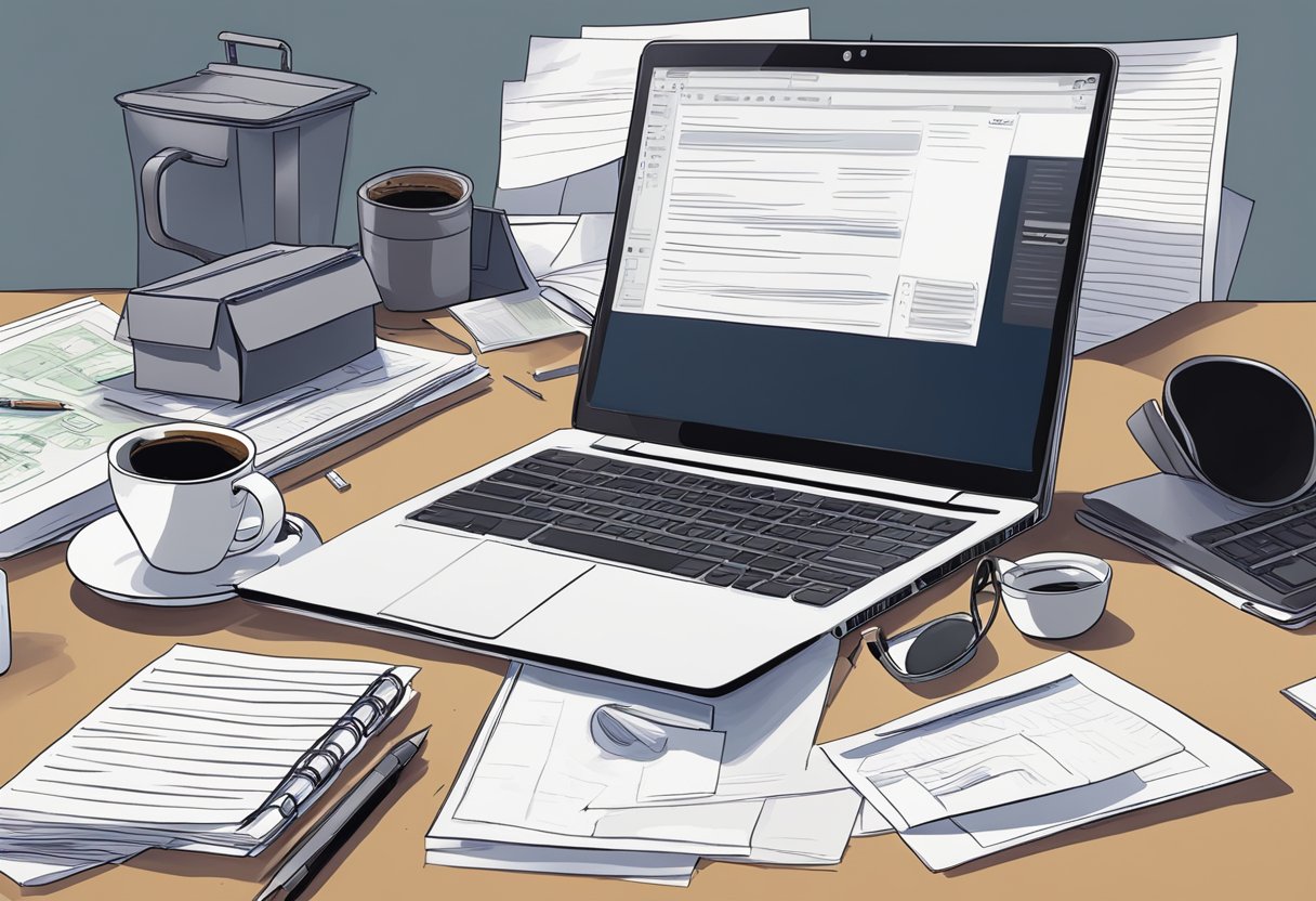 Hunter Biden's laptop on a cluttered desk, surrounded by scattered papers and a half-empty coffee mug
