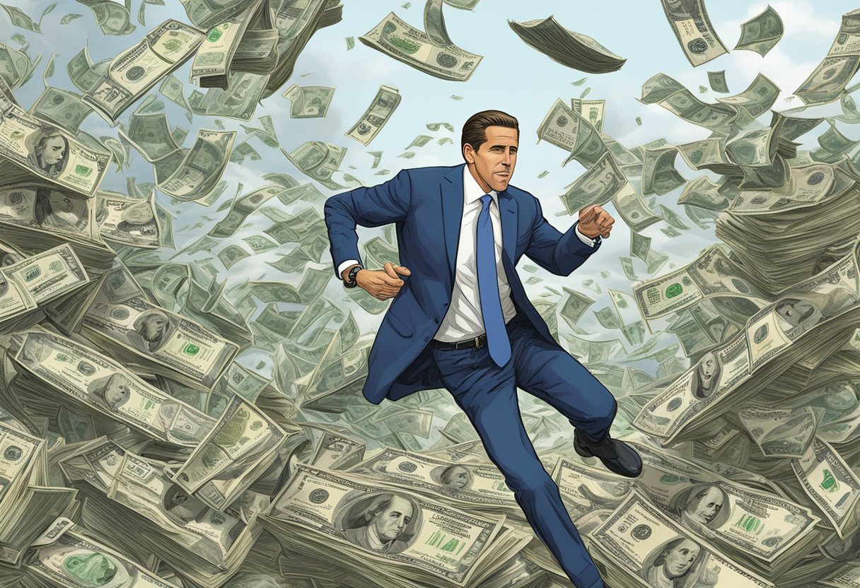 Hunter Biden chasing after Russian riches, with stacks of money flying in the air and a trail of dollar bills left behind