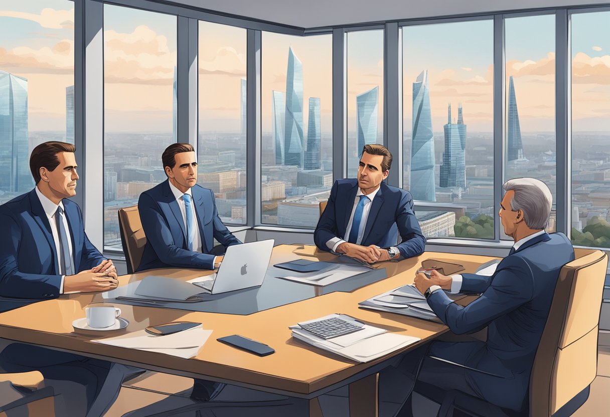 Hunter Biden meets with Russian business partners in a sleek Moscow office. They discuss potential ventures as the city skyline looms outside the window