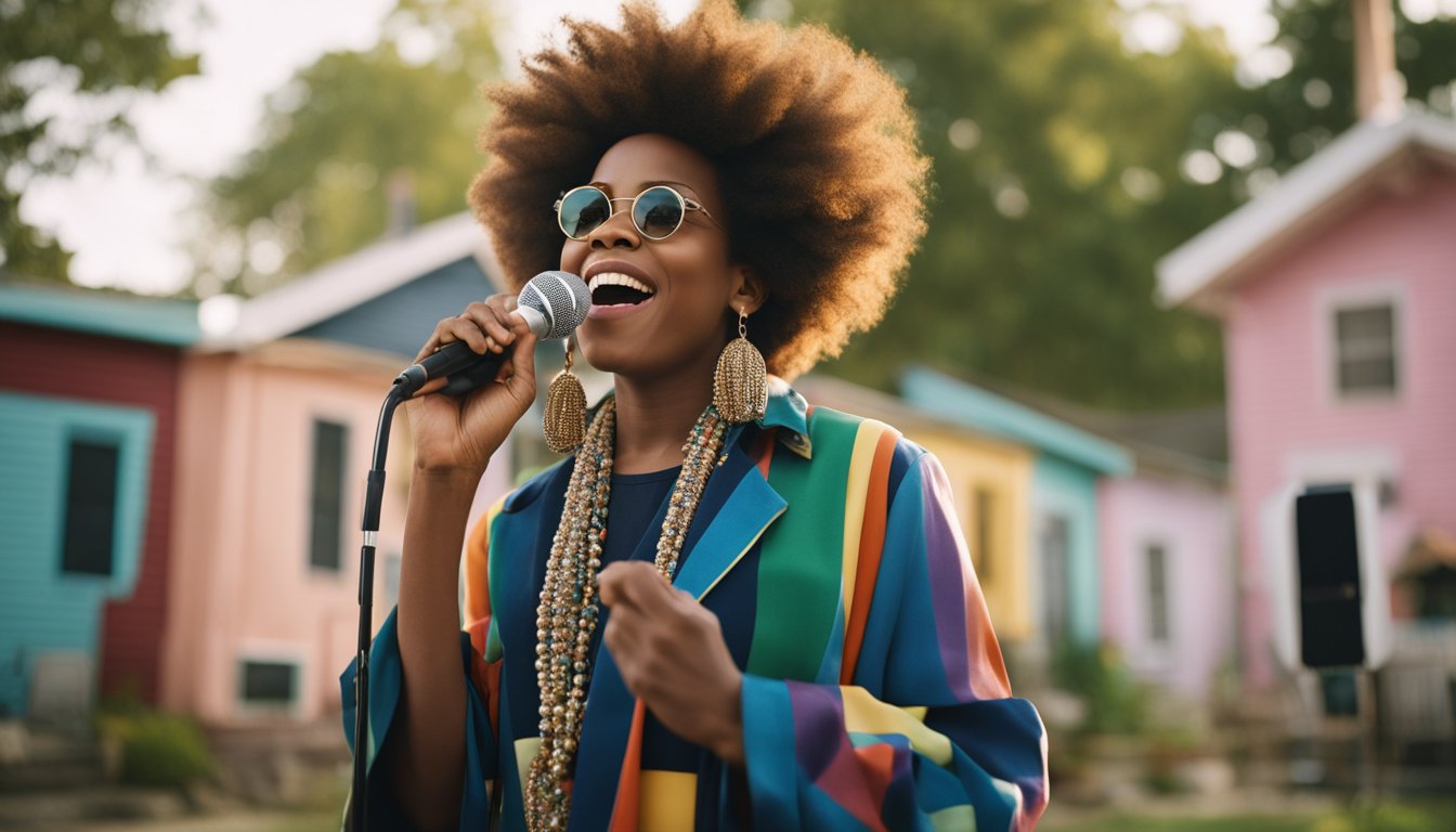 Macy Gray's early life: a small town with colorful houses, a music-filled home, and a young girl singing into a hairbrush microphone
