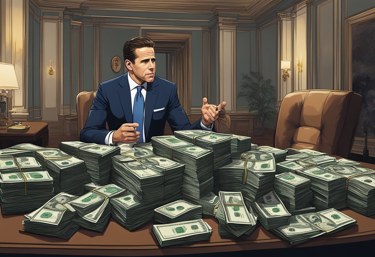 Hunter Biden meeting with Russian contacts in a dimly lit room, exchanging documents and money