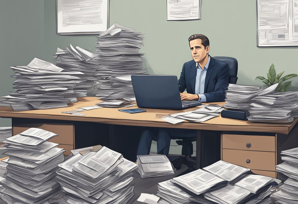 A cluttered desk with open laptops, scattered papers, and a stack of emails labeled "Hunter Biden."