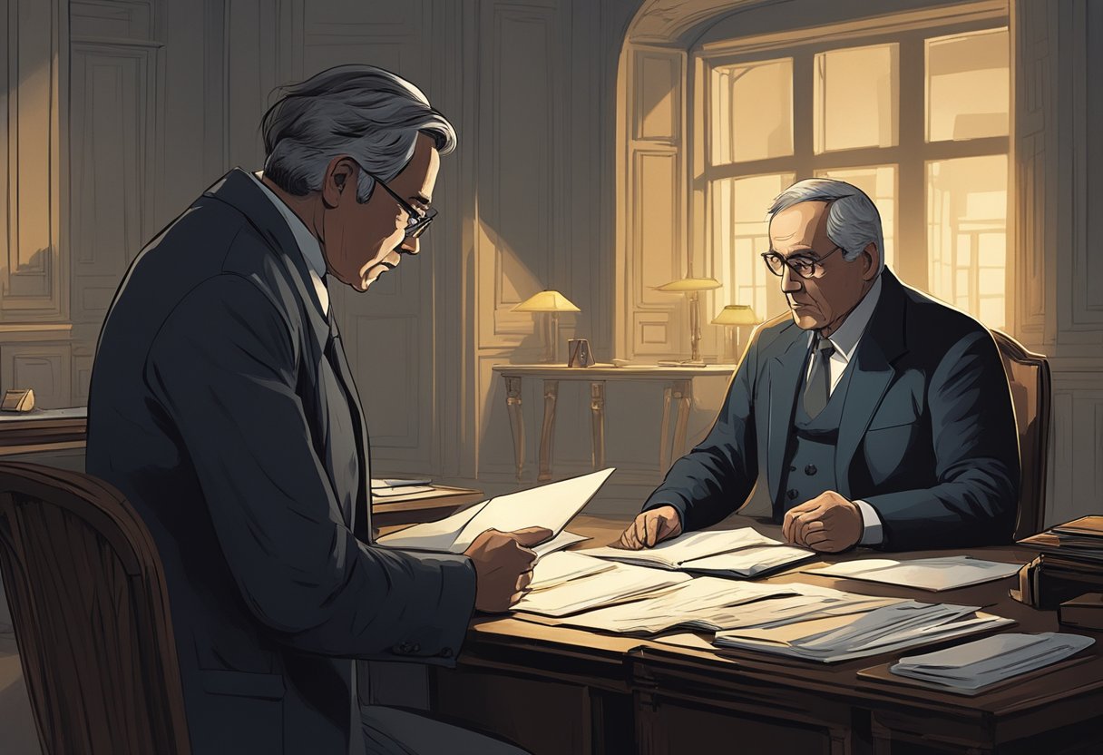 A shadowy figure exchanges documents with a Russian official in a dimly lit room. The atmosphere is tense, with a sense of secrecy and potential collaboration