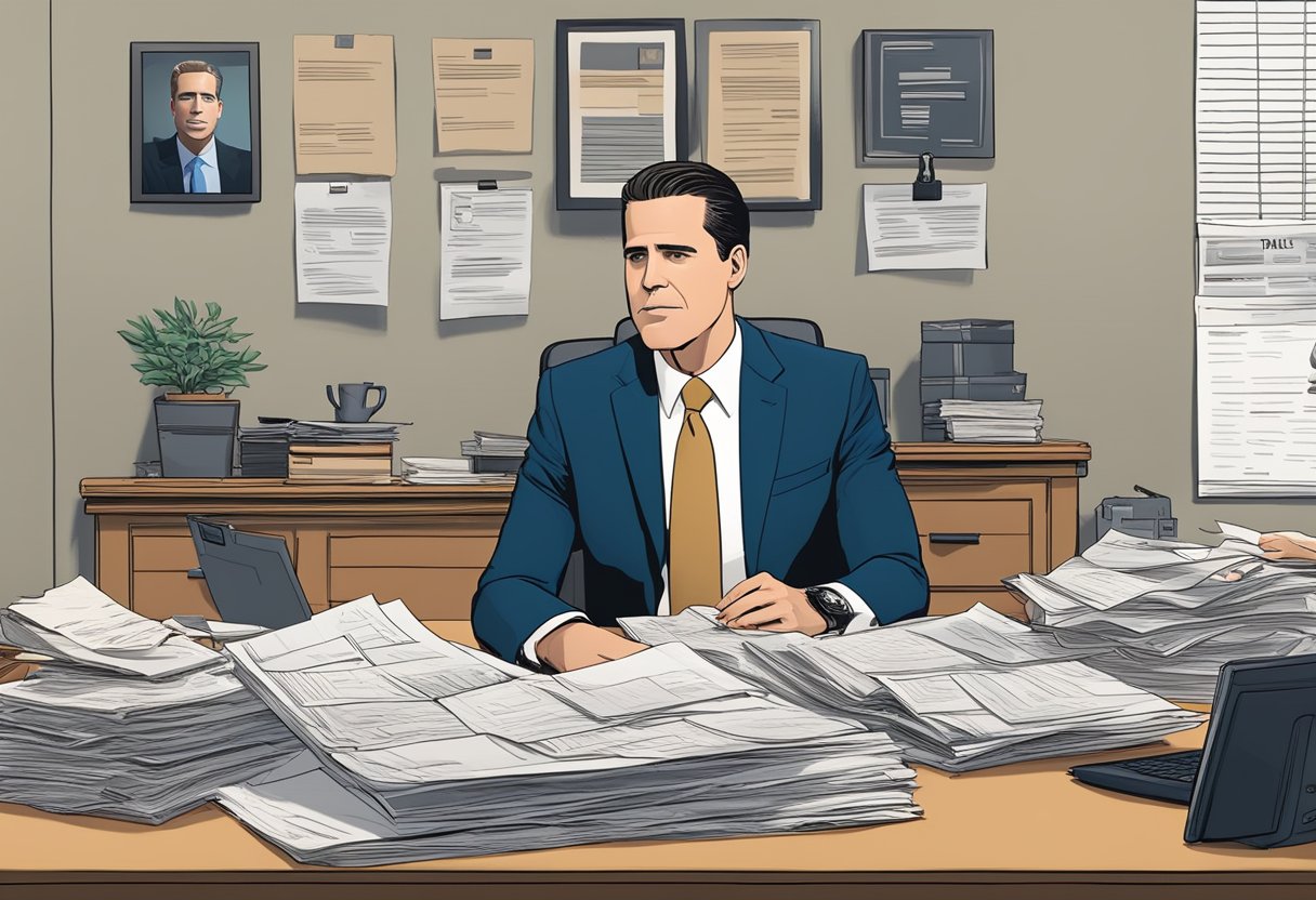 A manila folder labeled "Hunter Biden" sits on a cluttered desk, surrounded by news clippings and legal documents. A redacted report lies next to it