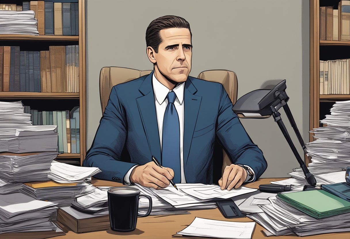 Hunter Biden sits at a cluttered desk, surrounded by papers and a laptop. He appears focused, with furrowed brows and a pen in hand