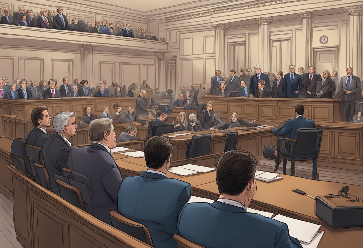The scene depicts a crowded courtroom with lawyers presenting evidence and witnesses testifying in the impeachment inquiry of Hunter Biden