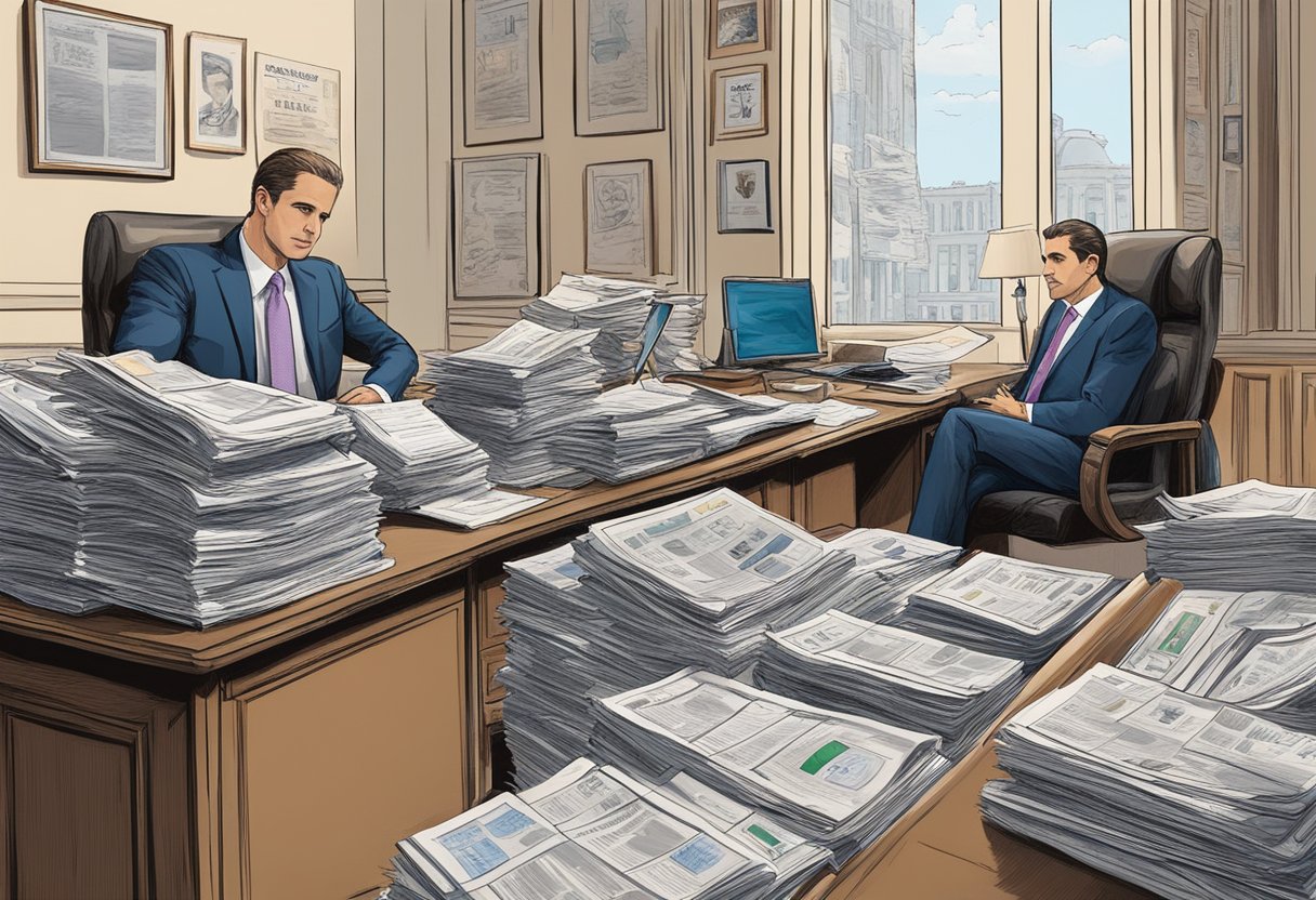 Shishkanov's office cluttered with financial documents, while a newspaper headline reads "Business Challenges Hunter Biden."