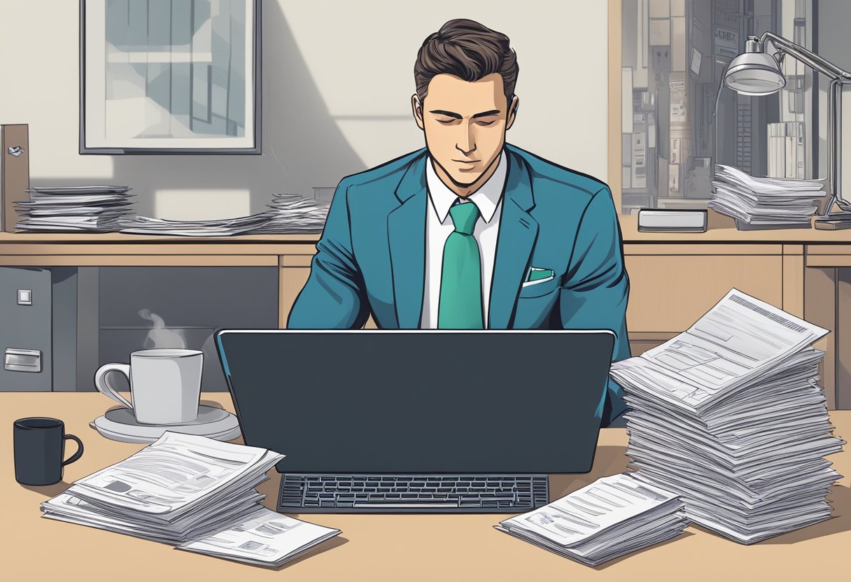 A man in a suit sits at a desk, surrounded by documents and a laptop. A logo with the name "Burisma" is visible in the background