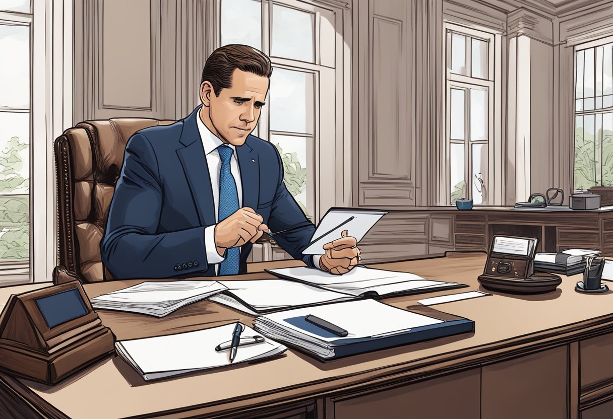 Hunter Biden sits at a mahogany desk, signing documents. His laptop displays a company logo. A phone rings in the background