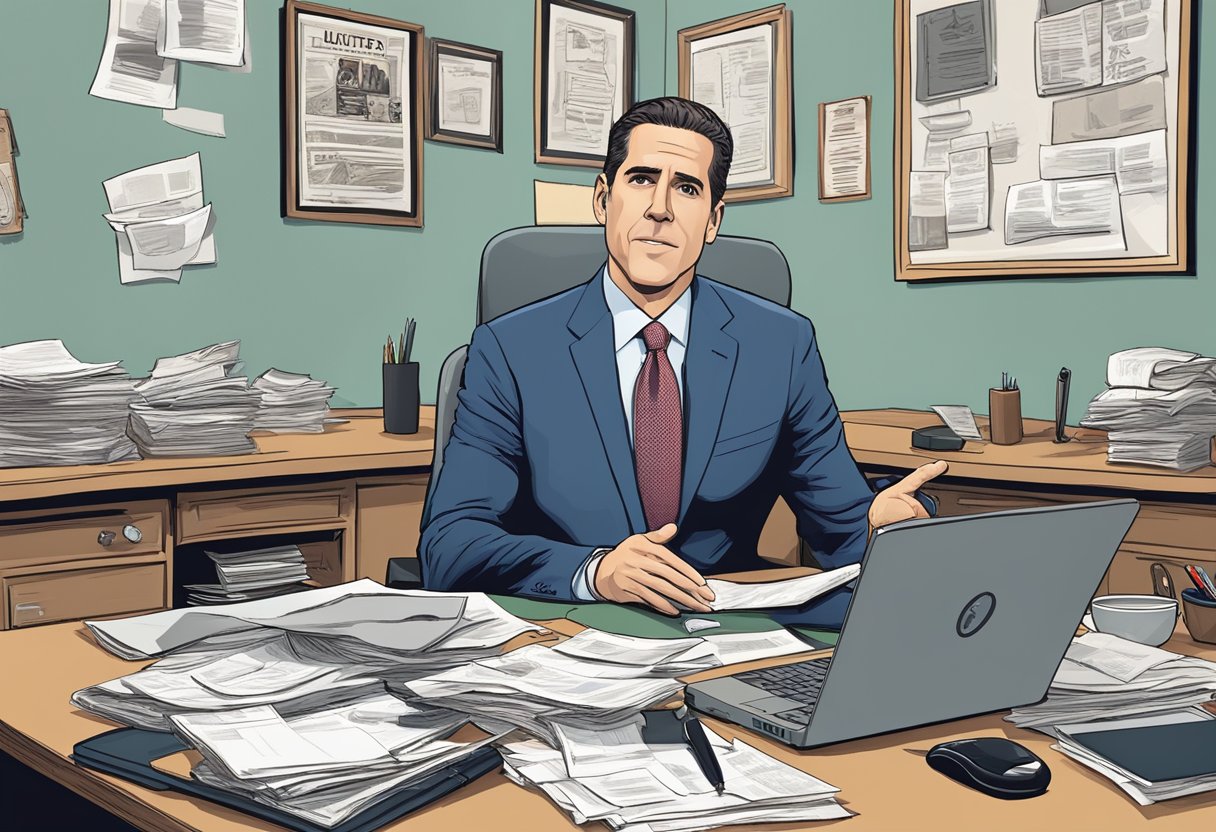 A cluttered desk with scattered papers, a laptop, and a microphone. A "Frequently Asked Questions Hunter Biden" sign hangs on the wall