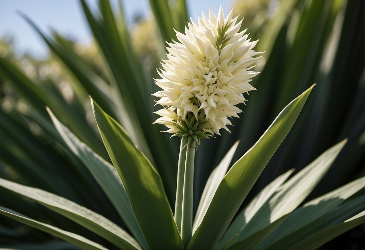 A yucca plant with a tall, white flower reaching towards the sky, surrounded by spiky green leaves