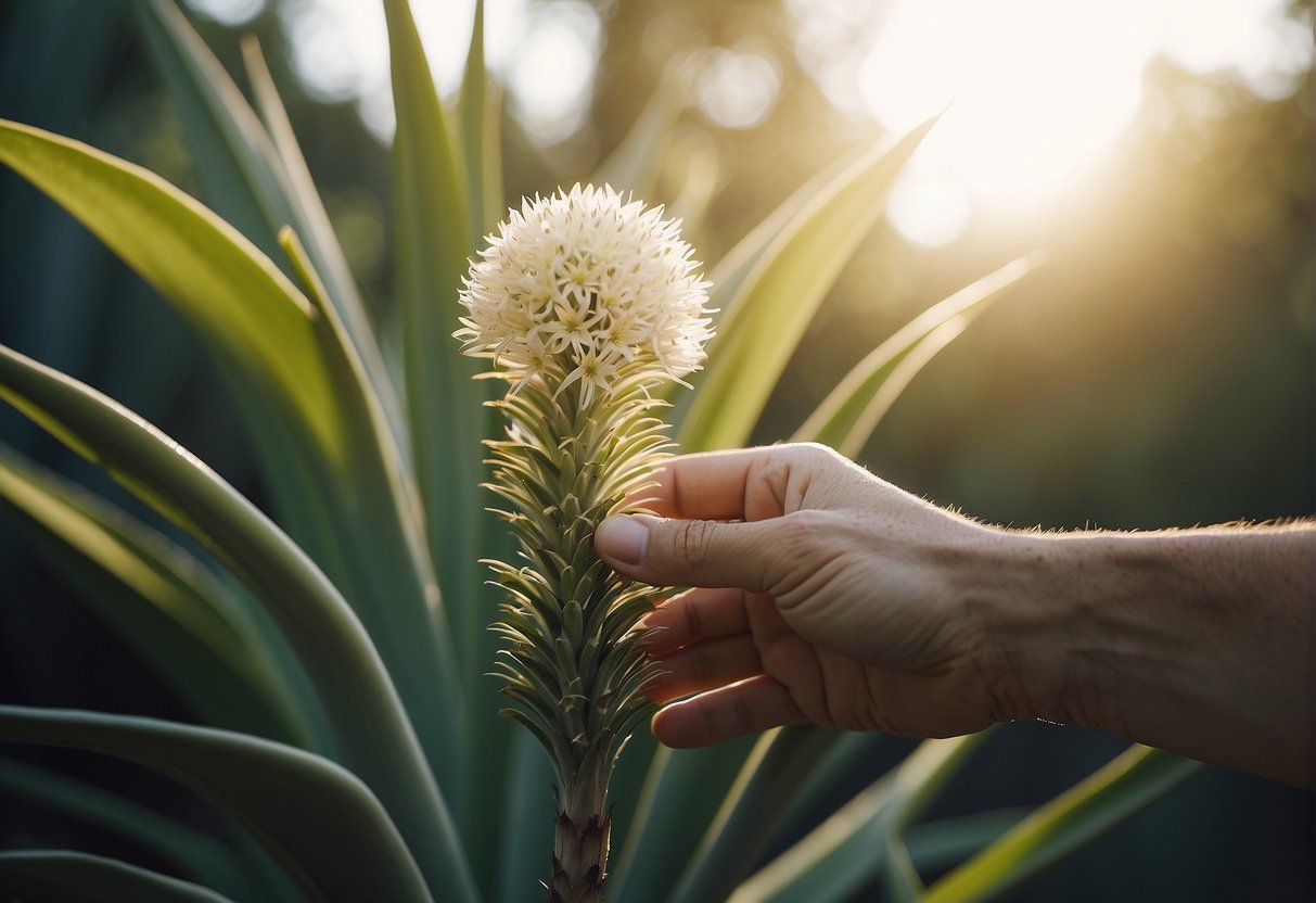 A hand reaching up to pluck a flower from a yucca plant