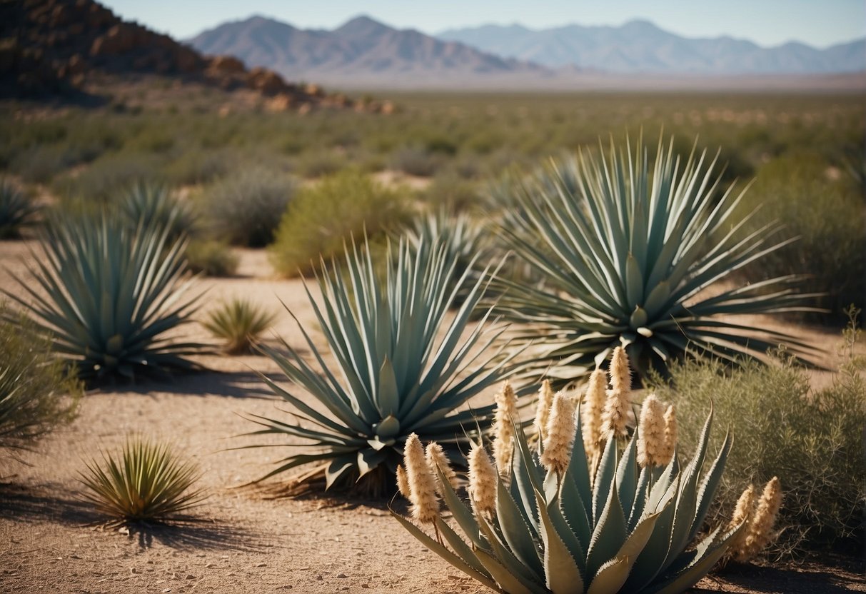 A desert landscape with yucca plants surrounded by similar-looking agave and sotol plants