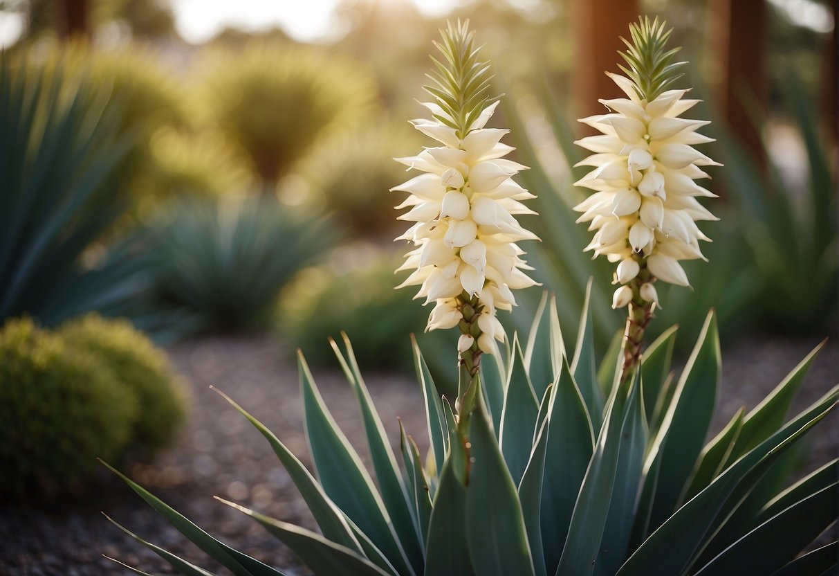 Yucca plants surrounded by similar-looking plants in a garden setting