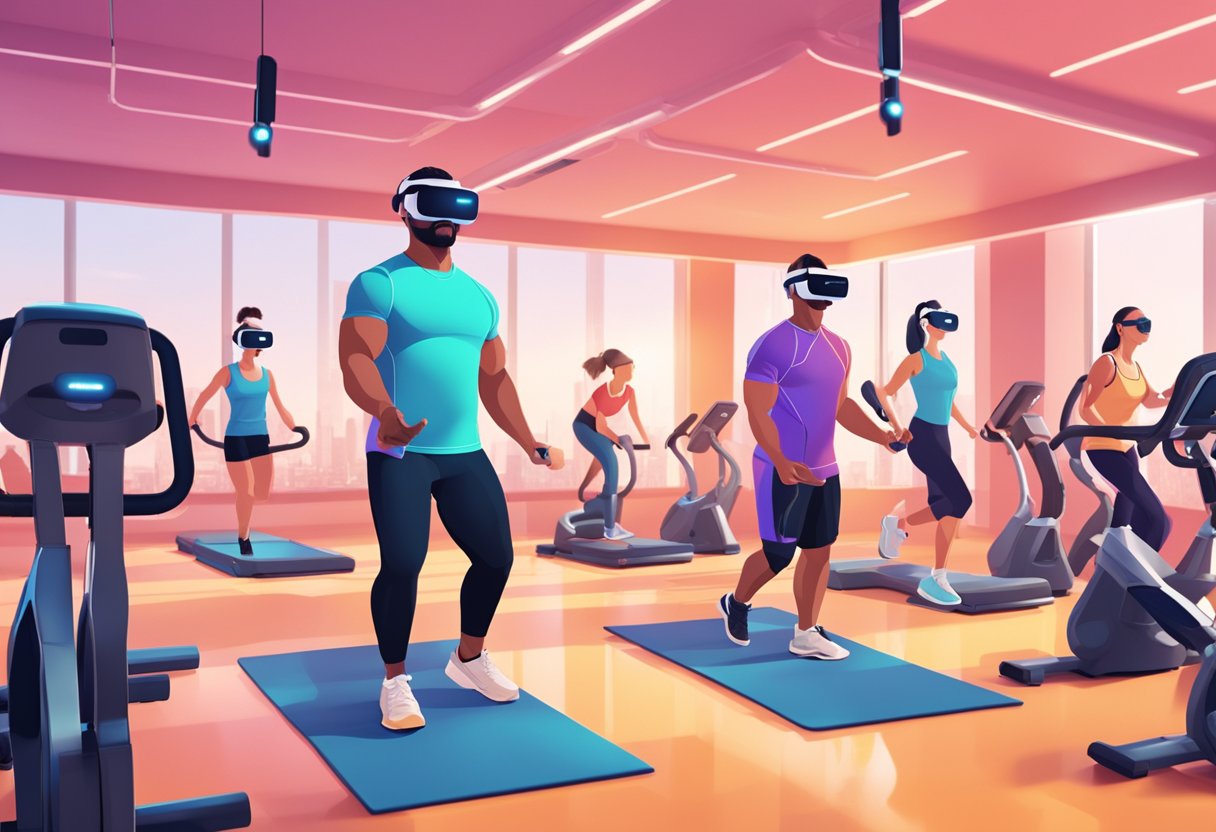 A VR fitness scene with virtual equipment and trainers guiding users through exercises in a futuristic gym setting