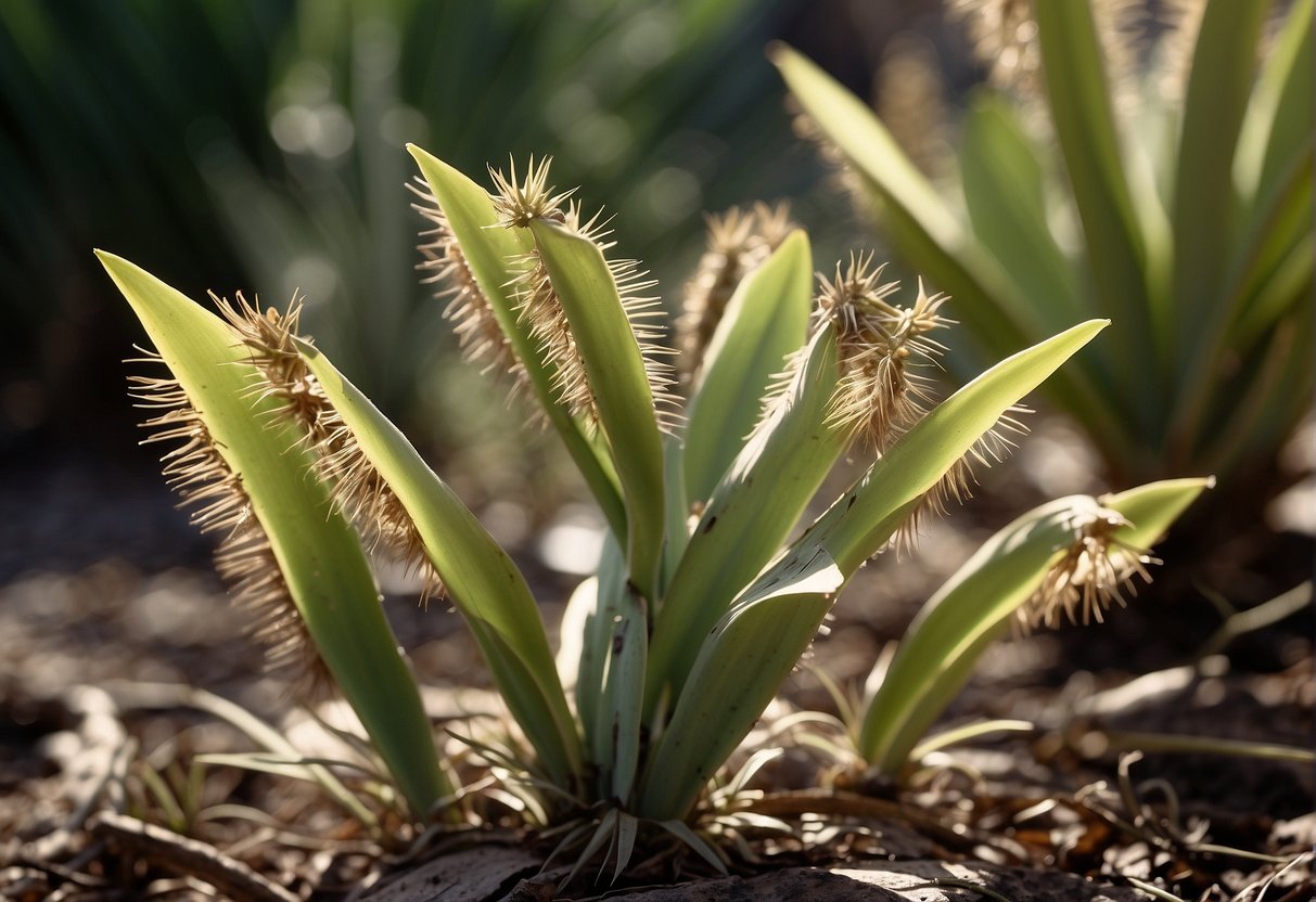Yucca plants infested with bugs, wilting and yellowing leaves, with visible damage and decay