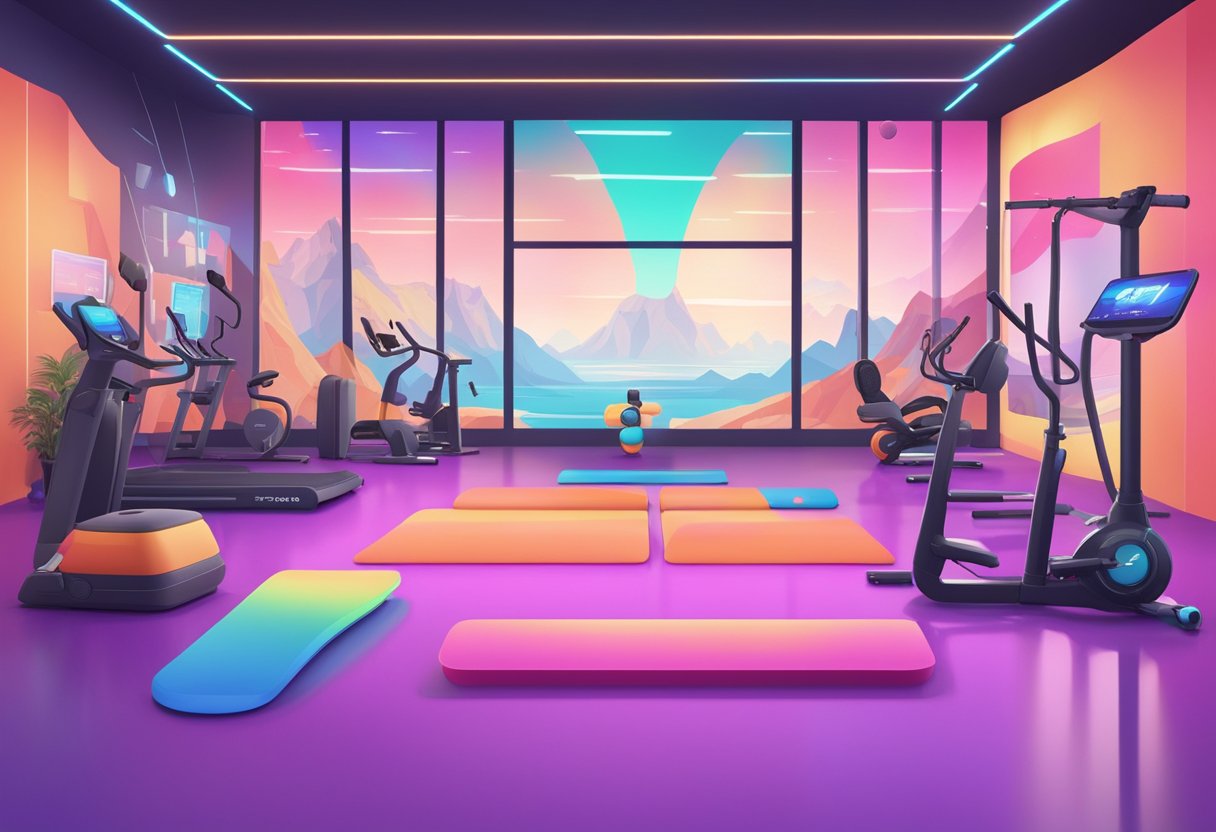 A variety of VR fitness games are displayed on a screen, with colorful graphics and titles. Surrounding the screen are fitness equipment and resources