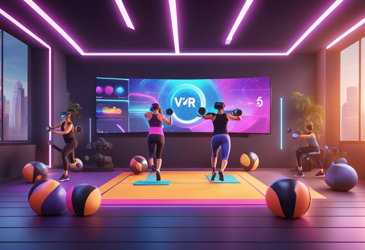 A variety of VR fitness games are displayed on a digital screen, surrounded by vibrant graphics and energetic visuals