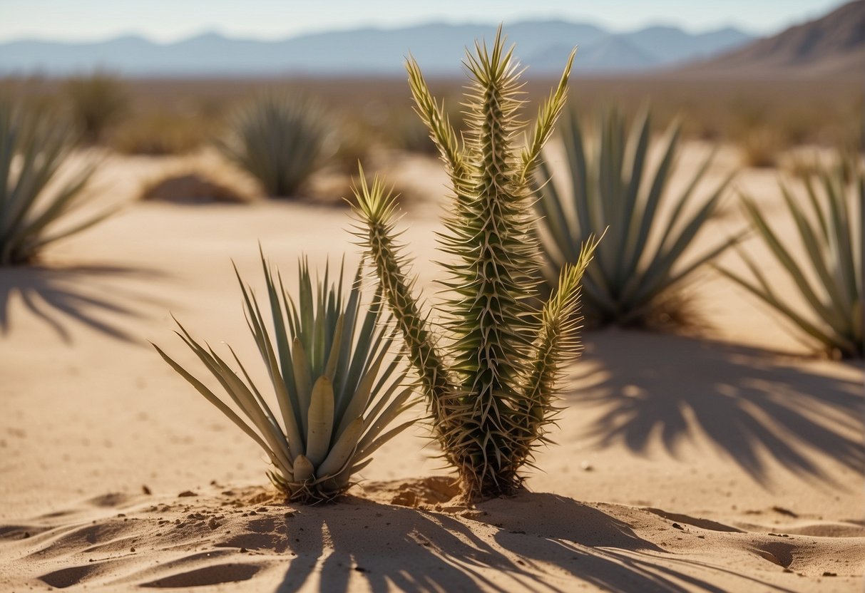 Sunlight bathes a desert landscape, with sandy soil and minimal water. A yucca plant thrives in the arid environment, its tall, sword-like leaves reaching towards the sky