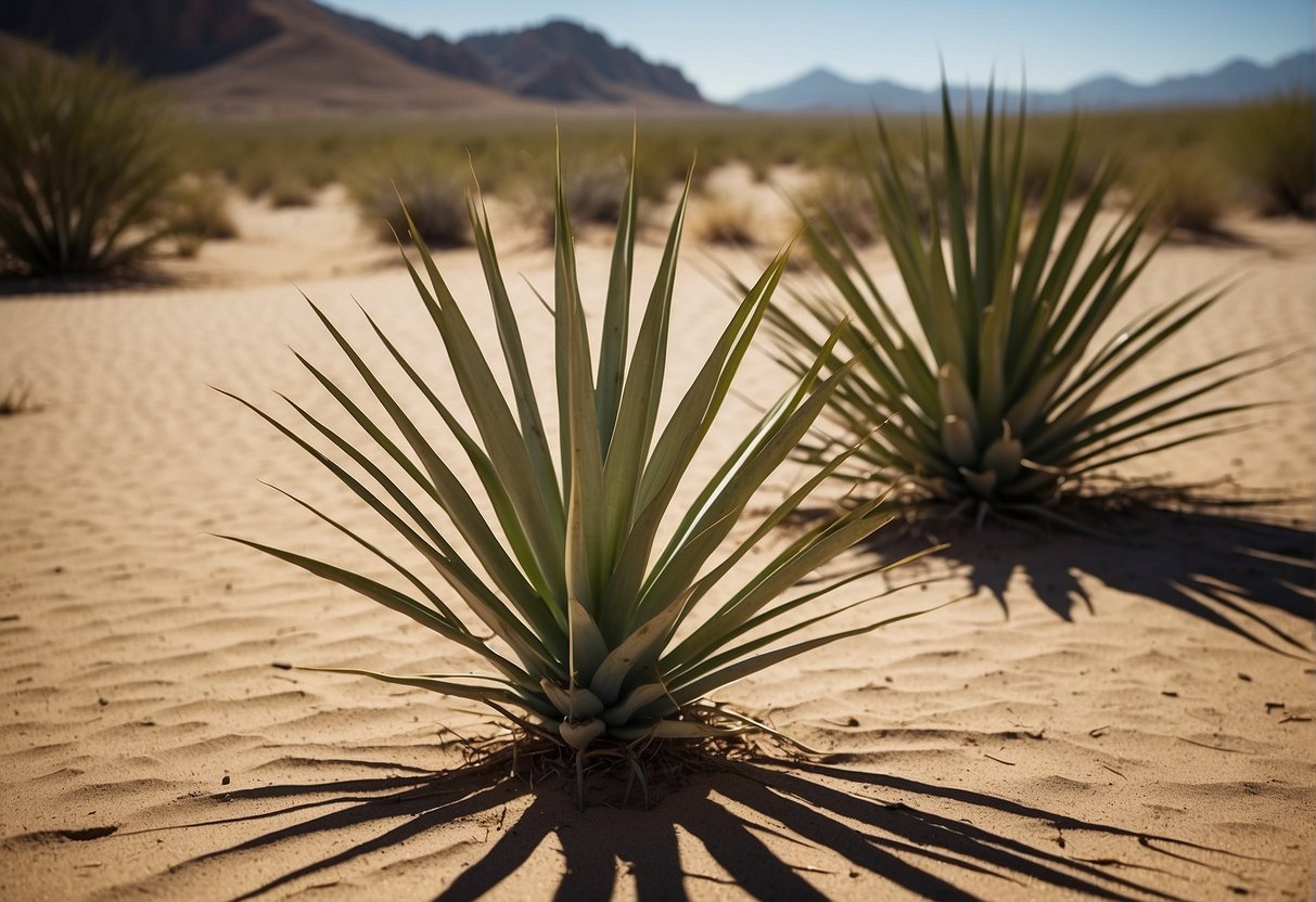 A yucca plant thrives in a desert landscape, surrounded by dry, sandy soil and sparse vegetation. The sun beats down on the rugged terrain, casting long shadows across the ground