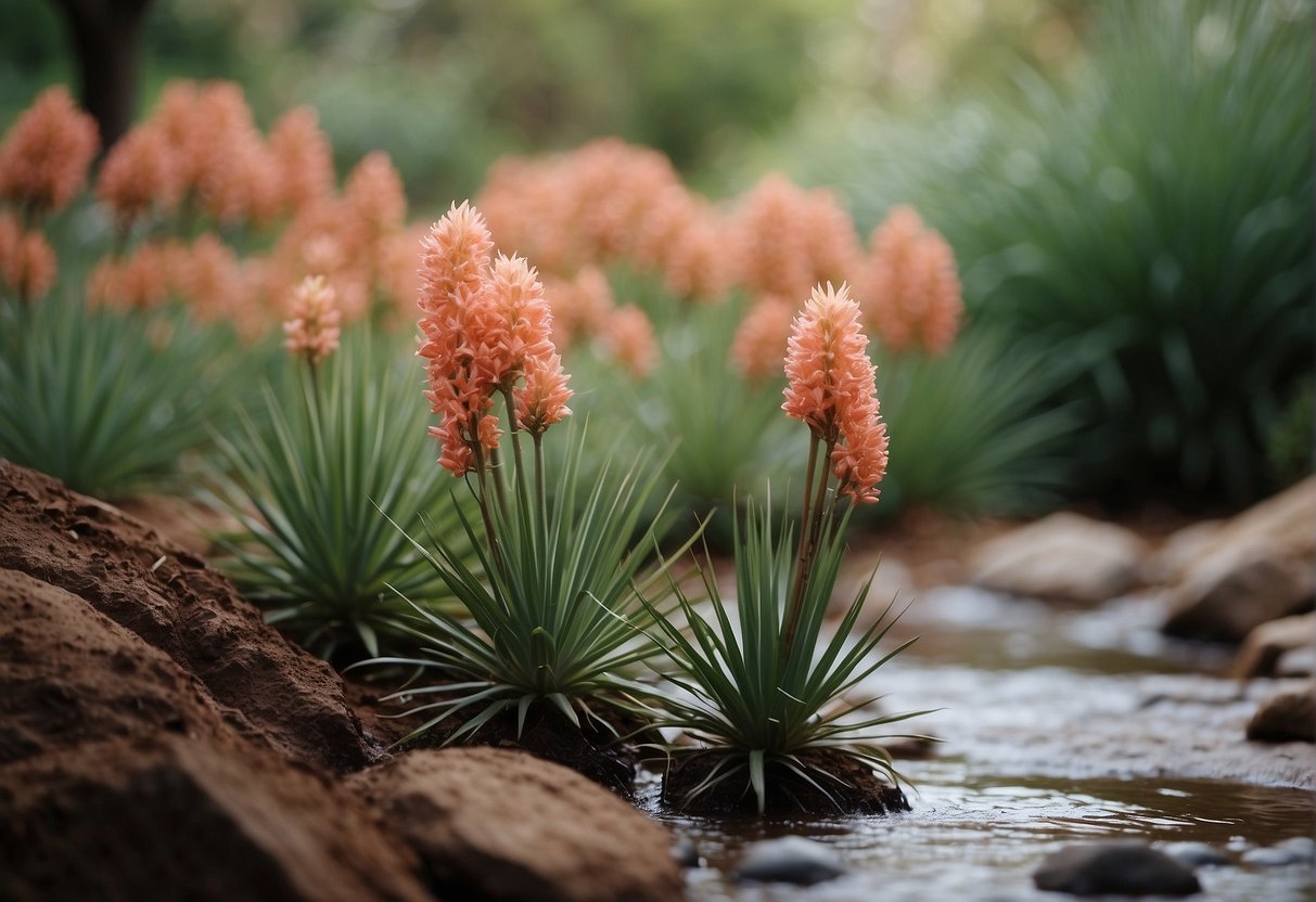 Red yucca plants being watered with a gentle stream from a watering can, the water cascading over the soil and leaves